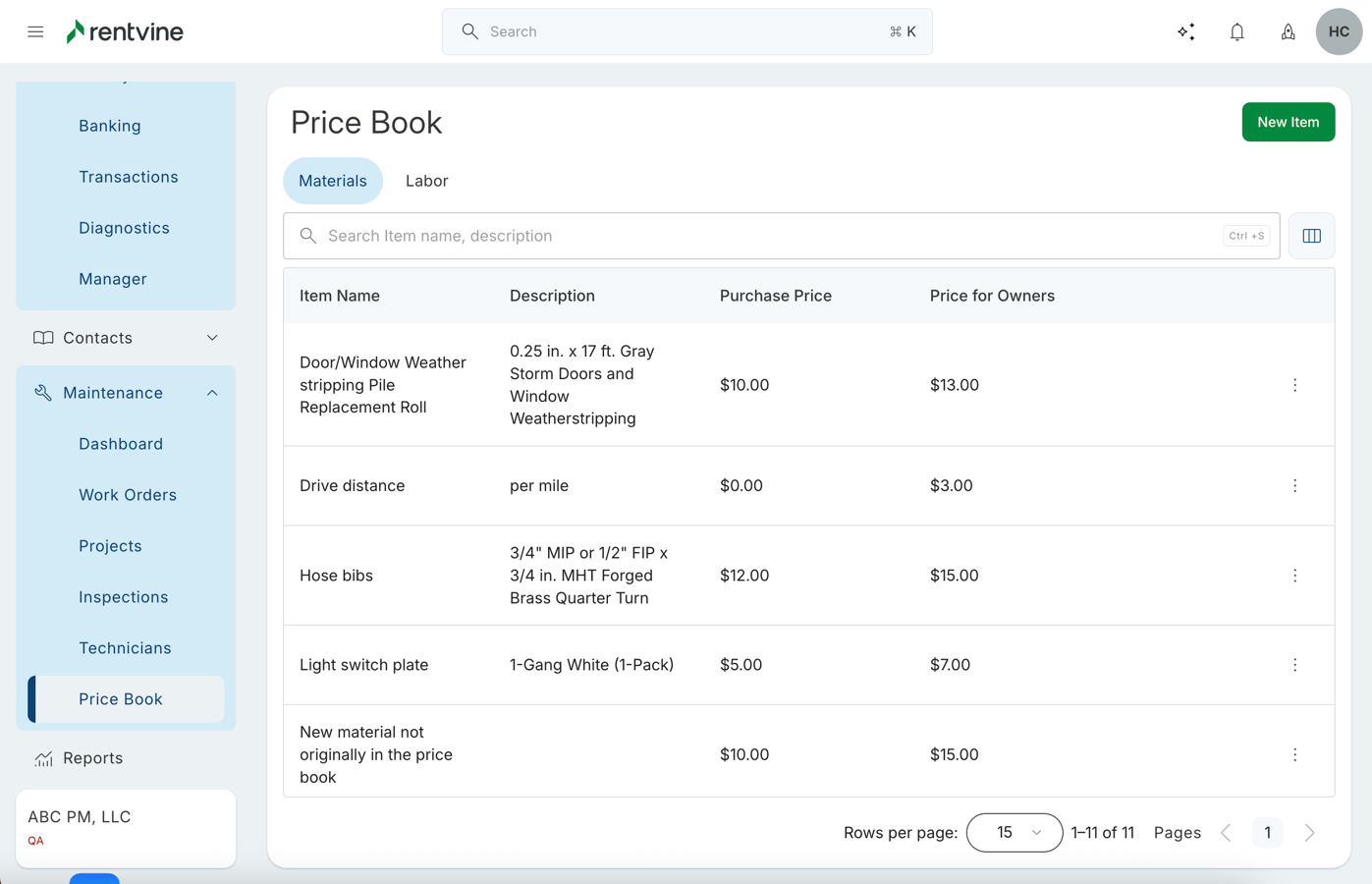 Rentvine Internal Maintenance-Price Book