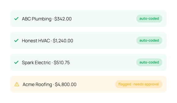 Auto-coded vendor invoices: ABC Plumbing, Honest HVAC, Spark Electric, Acme Roofing.